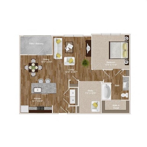 1 Bedroom and 1 Bathroom unit with kitchen island and a study/office space at Park at Rialto Apartments, San Antonio Texas